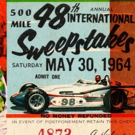Indy 500 1964 Ticket Stub - "500 Mile Intl. Sweepstakes" $2 Adm.