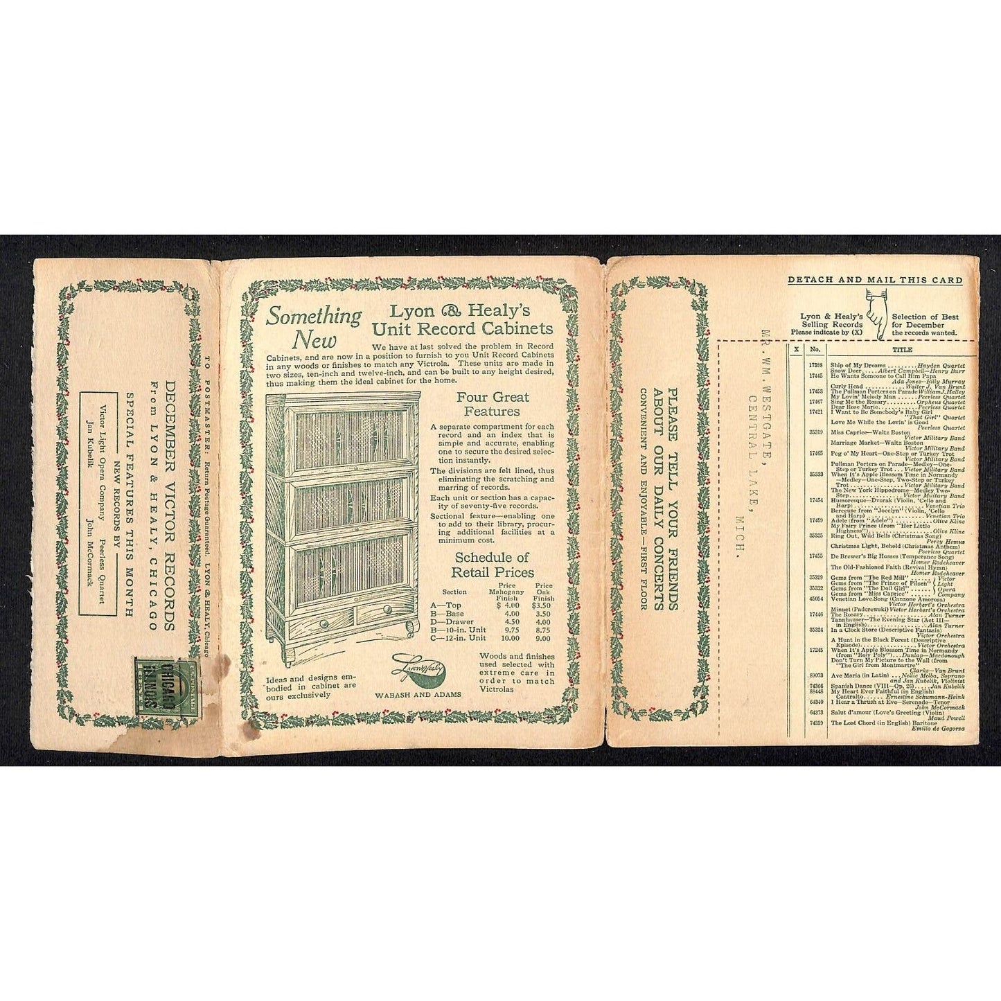 Lyon & Healy Chicago Postal Mailer Envelope w/ Victrola & Pianola Cards 1913
