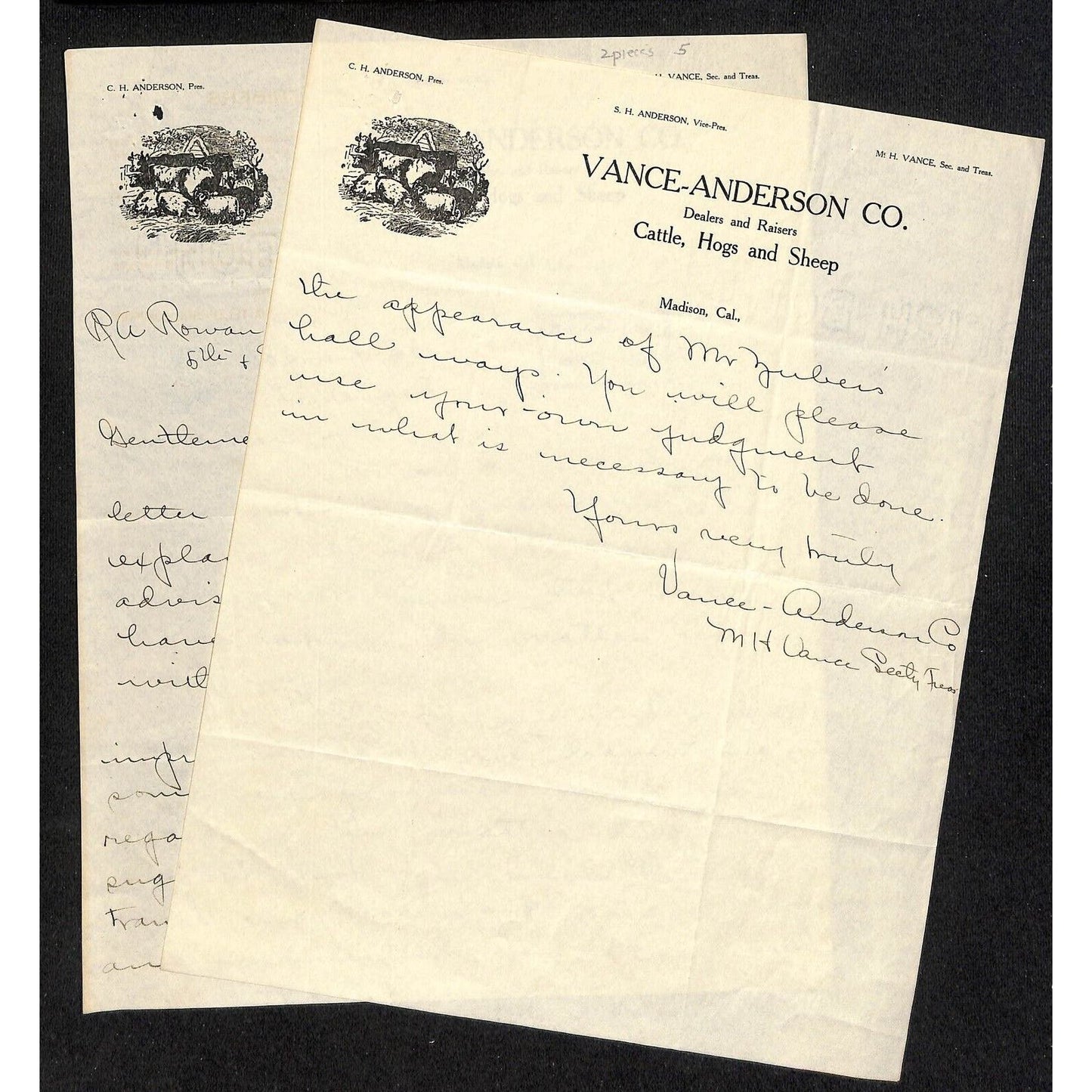 Vance-Anderson Co. Cattle Hogs Sheep Madison, CA 1917 Letterhead R.A. Rowan 2pp