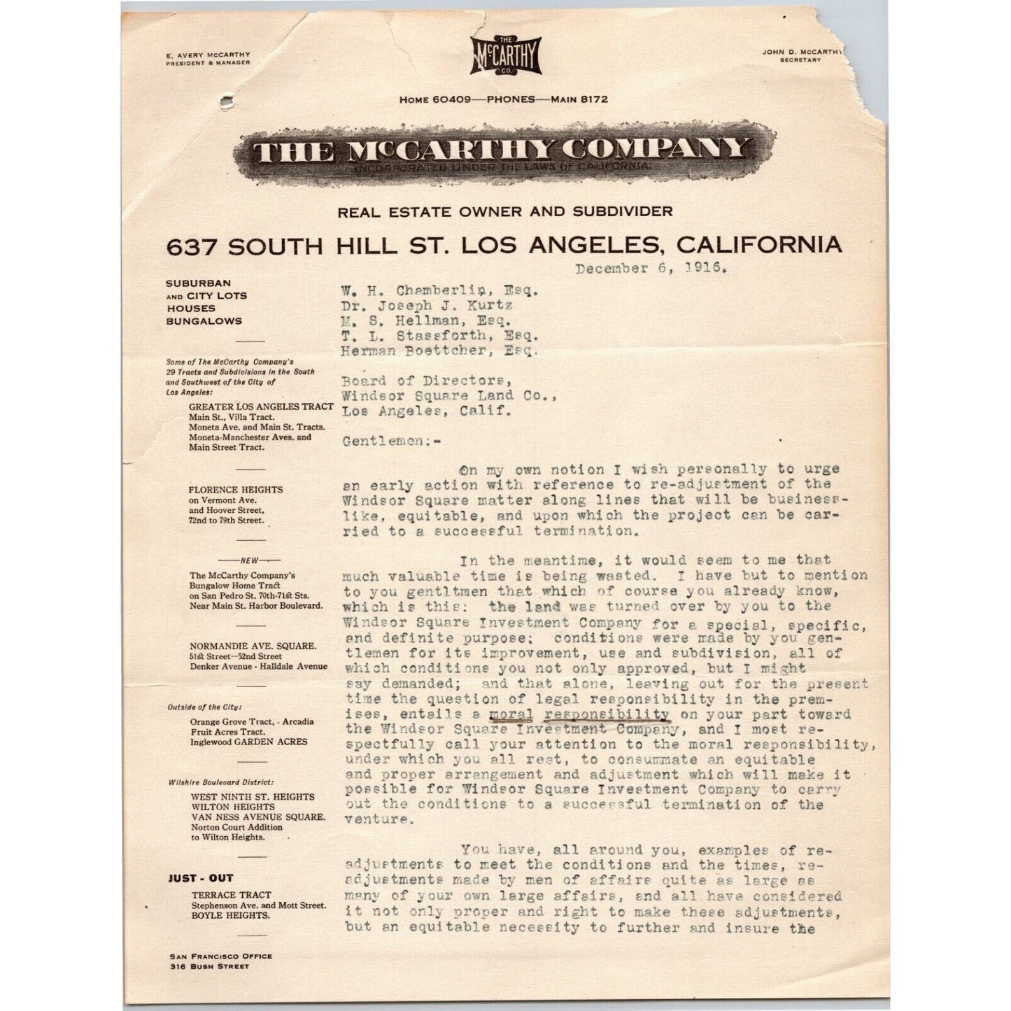 McCarthy Co. Real Estate Owner 1916 Letterhead re: "Moral Responsibility" 2pp