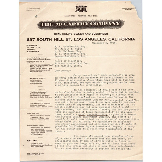 McCarthy Co. Real Estate Owner 1916 Letterhead re: "Moral Responsibility" 2pp