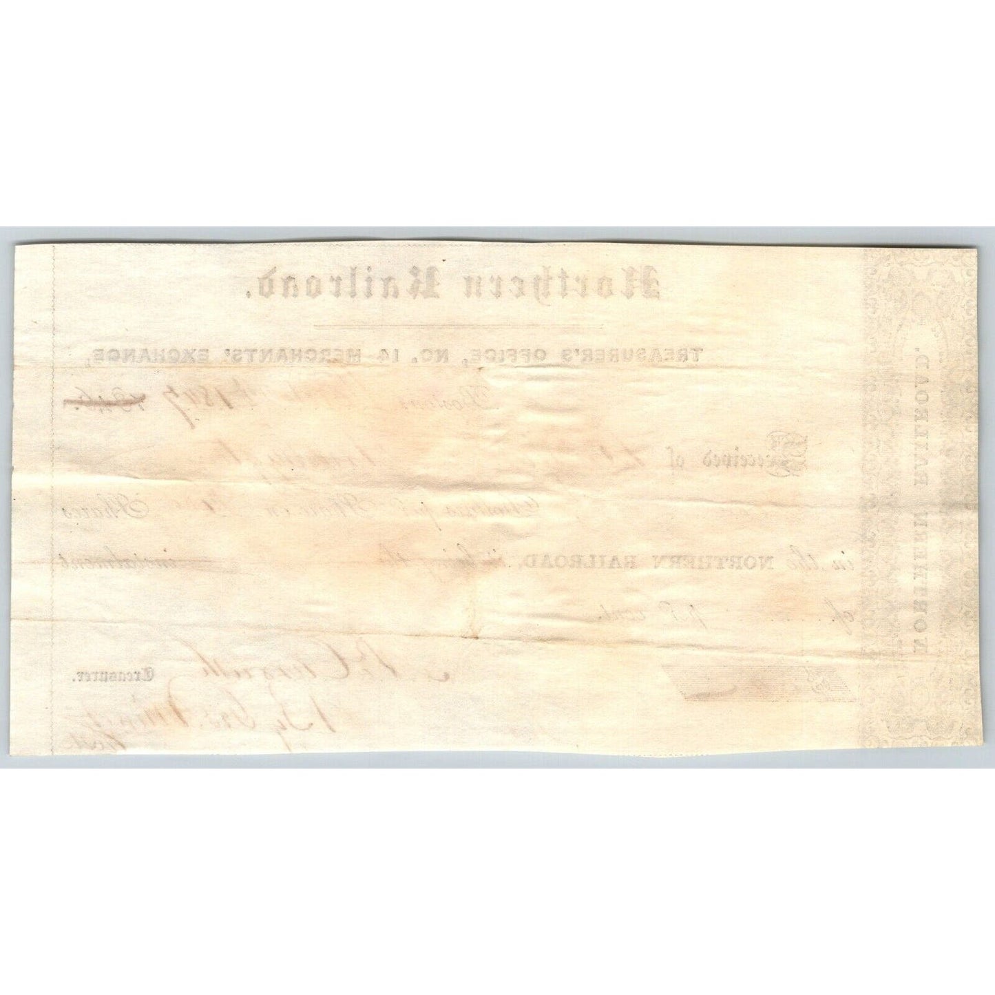 1847 Boston, MA Treasurer Receipt Northern Railroad Stock "Benjamin Huntington"