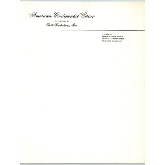 American Continental Circus Letterhead Orange, CA 1976 Scarce