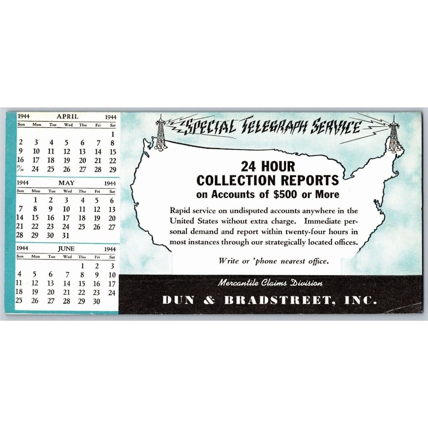 Dun & Bradstreet Ink Blotter "Special Telegraph Service" Elec Bolt 1944 Calendar