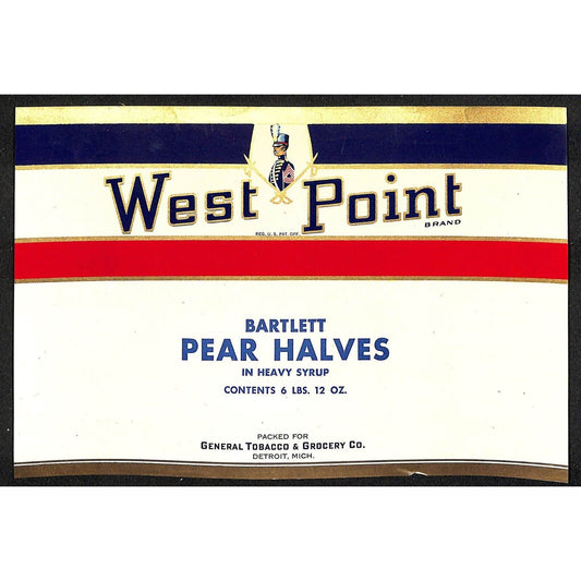1941 Paper Can Label West Point Brand Bartlett Pear Halves w/ Cadet Very Scarce