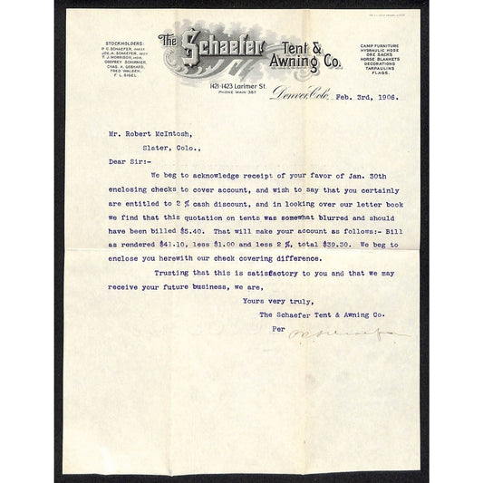 Denver, CO Schaefer Tent & Awning Co. 1906 Letterhead Scarce VGC