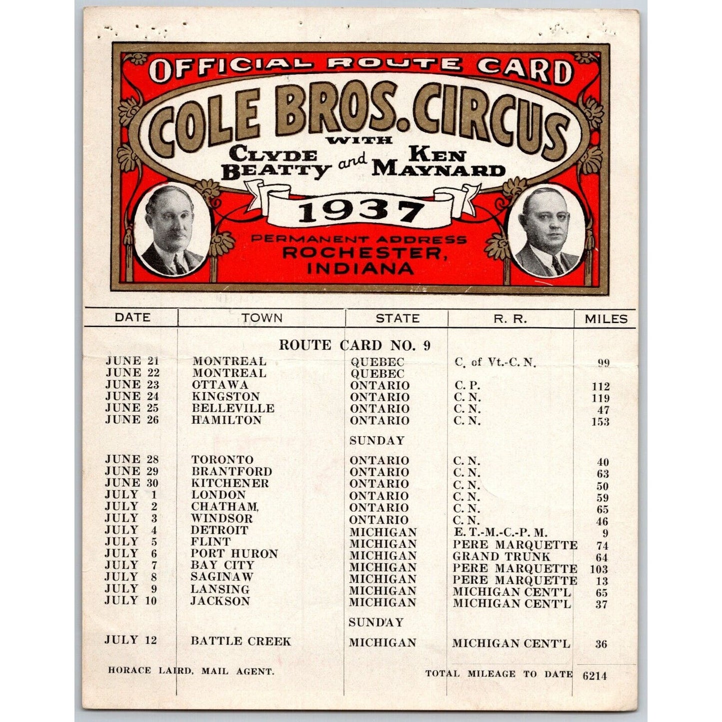 1937 Cole Bros with Clyde Beatty Ken Maynard Circus Route Card Quebec Ontario