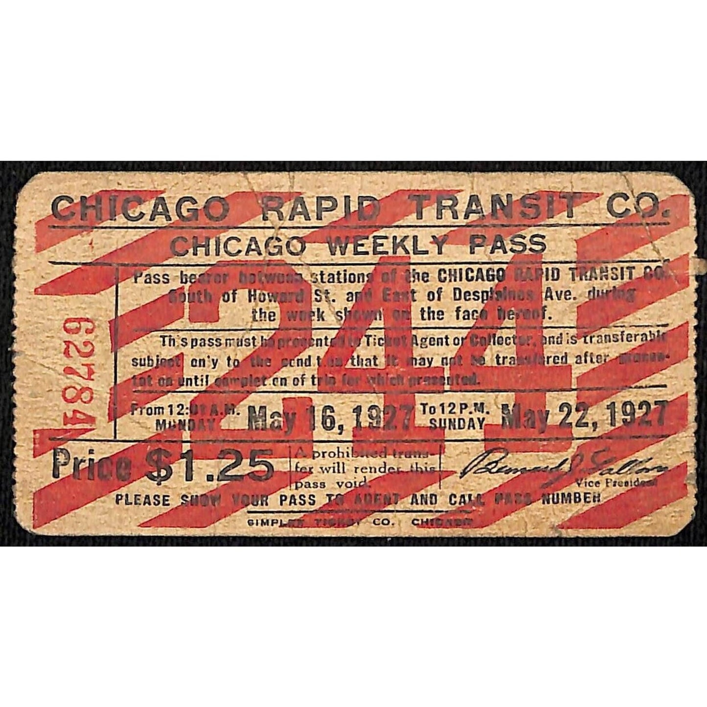1927 Chicago Rapid Transit May Weekly Pass / Ticket "244"