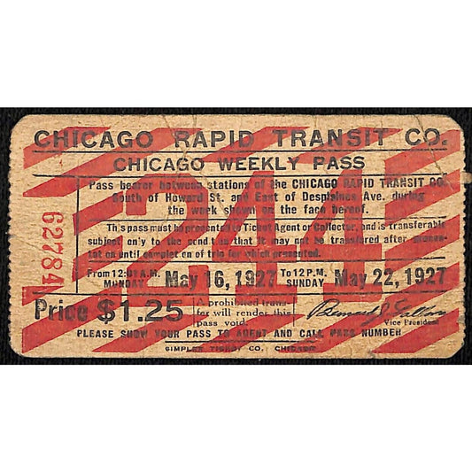 1927 Chicago Rapid Transit May Weekly Pass / Ticket "244"