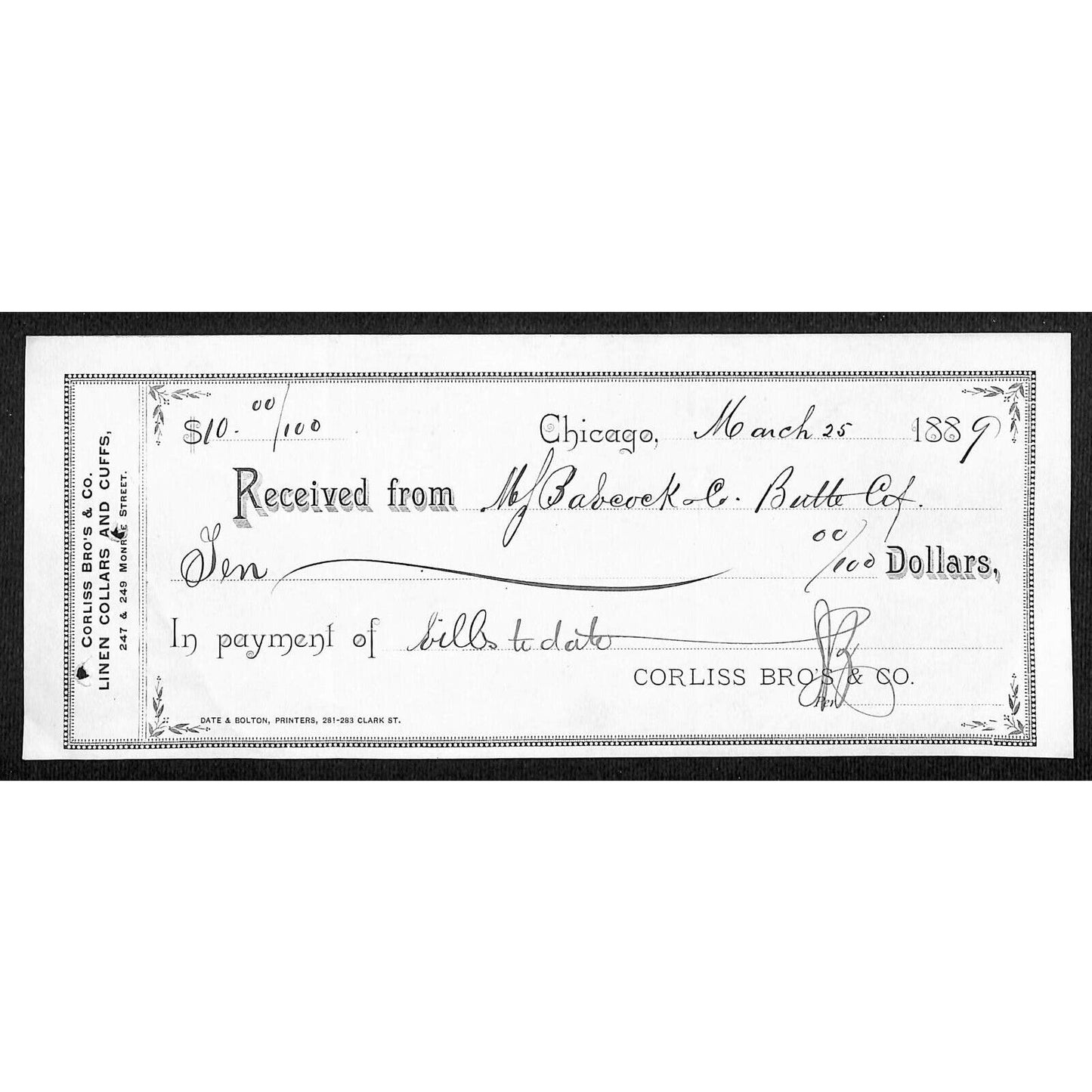 Corliss Bro's & Co. Linen Collars and Cuffs Chicago 1889 Receipt / Billhead