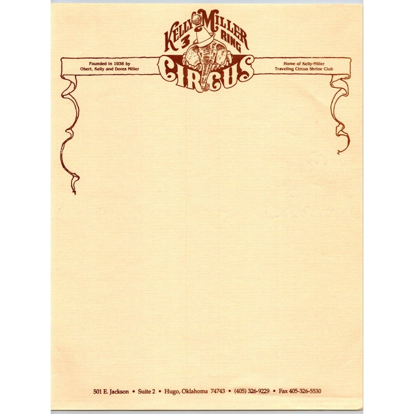 Kelly Miller 3 Ring Circus Letterhead Hugo, OK Elephant c1970's Scarce