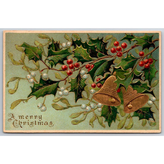 Braxmar Jewelers NYC Merry Christmas Holly Bells Advertising Postcard c1909