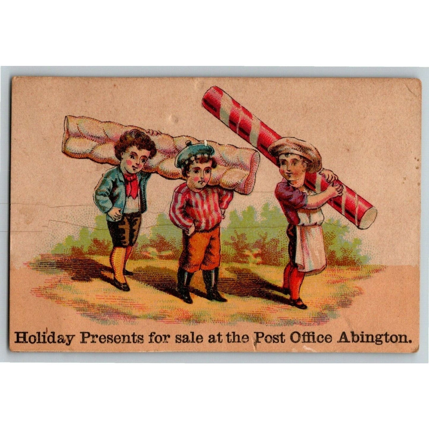Victorian Trade Card Boys Carry Oversized Candy - Post Office Abington