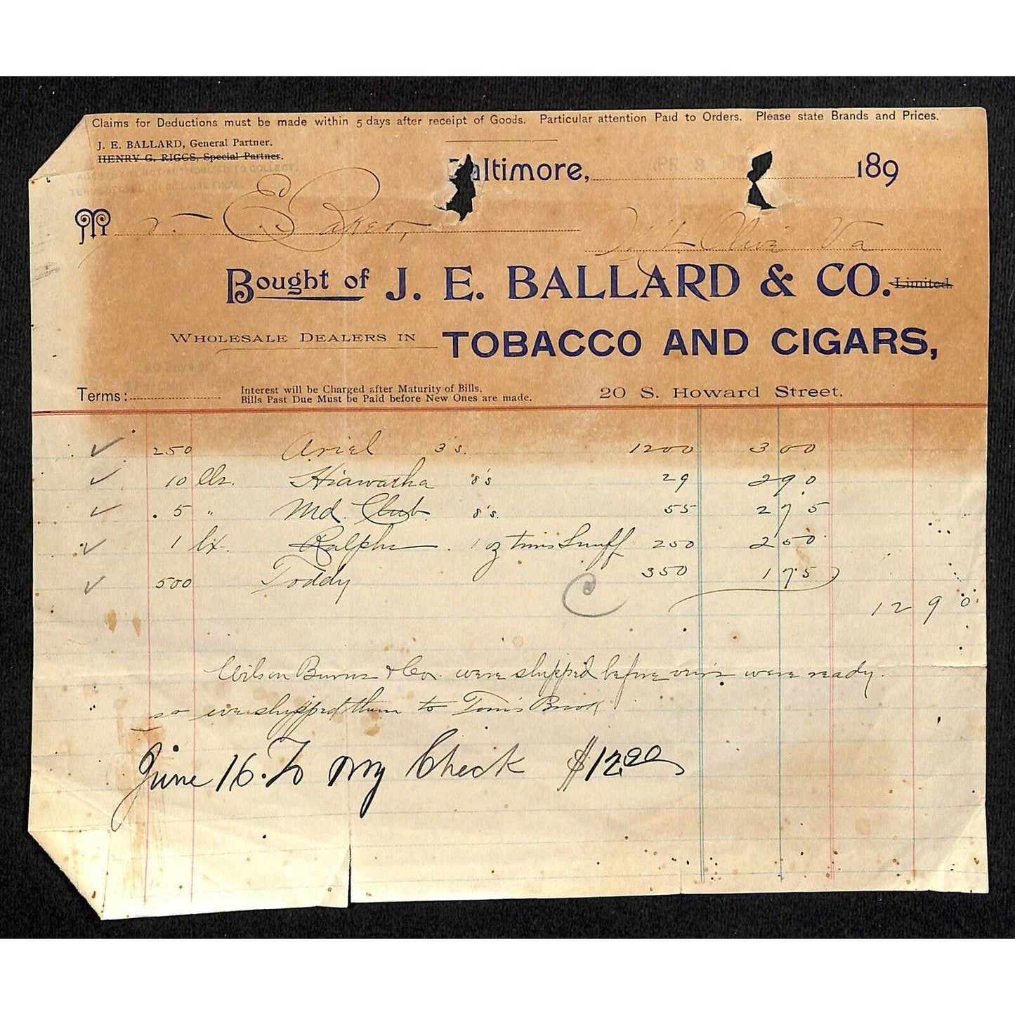c1899 Scarce Letterhead J.E. Ballard Tobacco Cigars Baltimore - E. Baker*