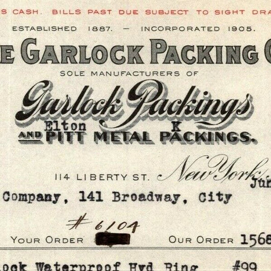 1915 "The Garlock Packing Co." Metal Billhead Letterhead - 114 Liberty St. NYC
