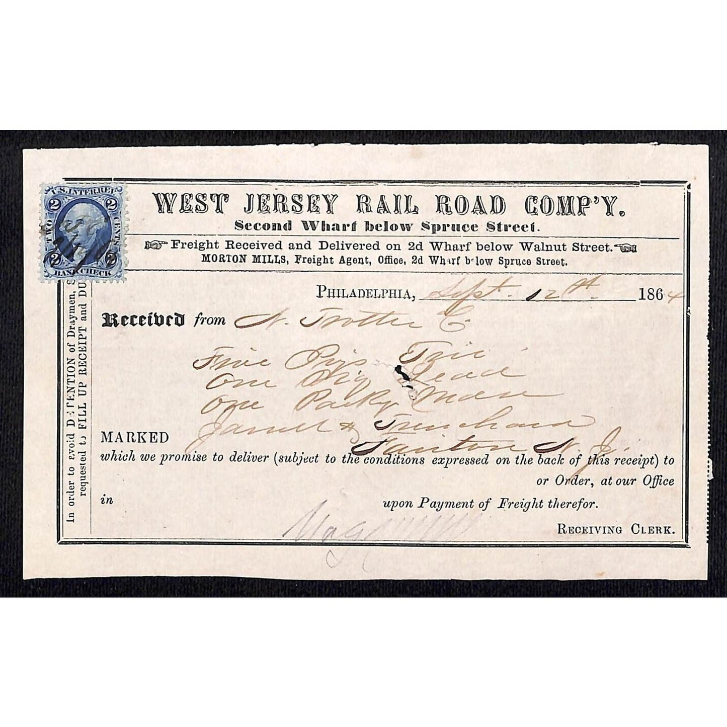 West Jersey Rail Road Company Philadelphia 1864 Delivery Receipt w/ Tax Stamp