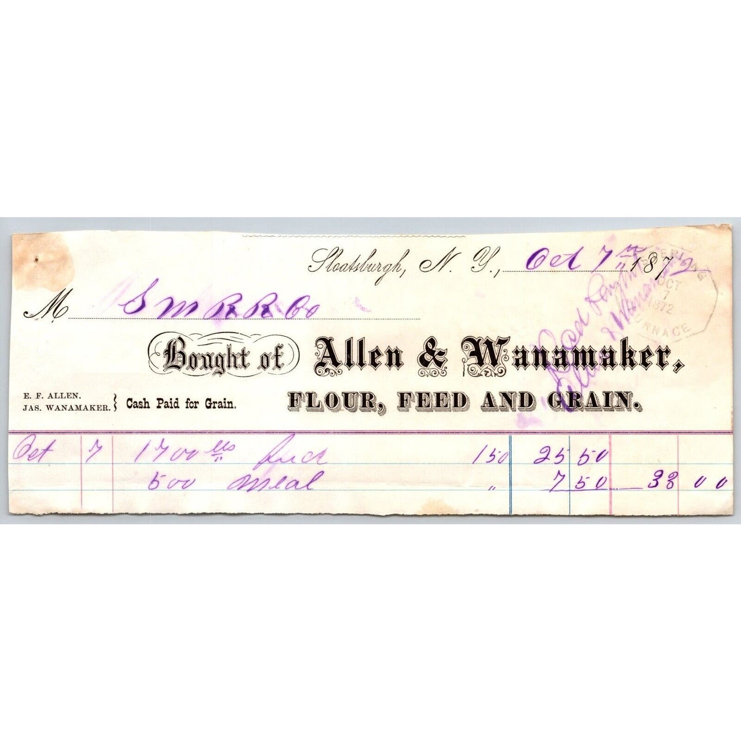 Sloatsburgh, NY Allen & Wanamaker Co. 1872 Billhead For: Sterling Railroad