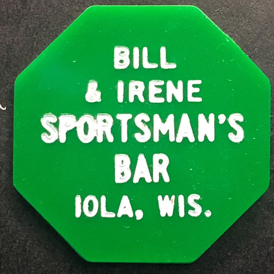 Iola, WI "Bill & Irene Sportsman's Bar" Plastic G/F 20¢ Token c1960's-70's