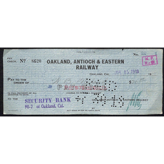 1918 Oakland, Antioch & Eastern Railway Security Bank Check Oakland, CA #12 1