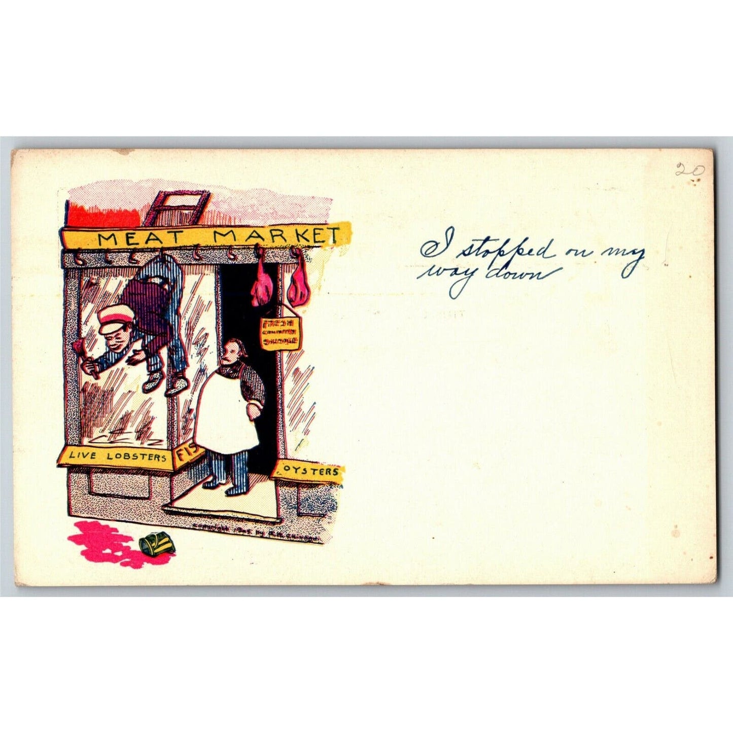 "I Stopped On the Way Home" c1905 Undivided Comic Butcher Humor Postcard