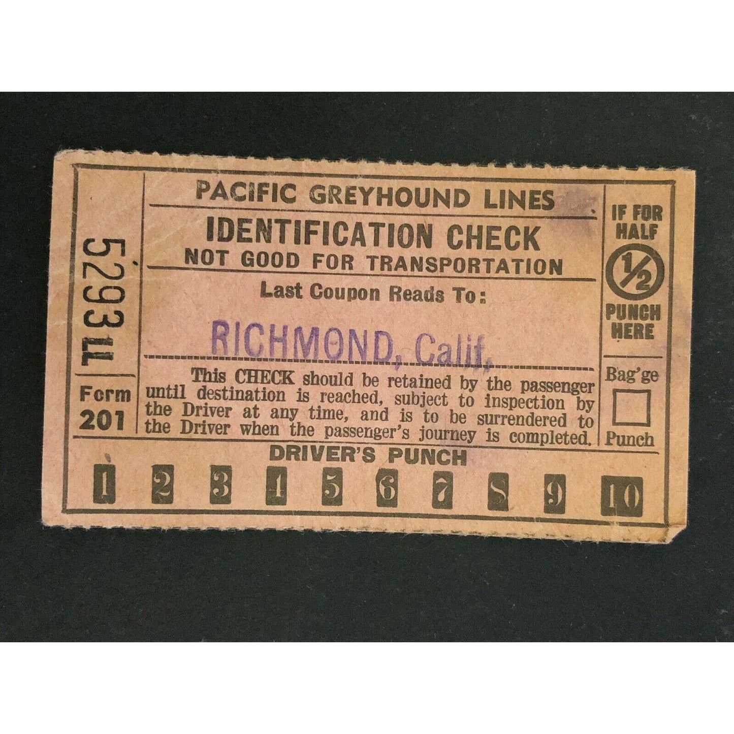Pacific Greyhound Bus Lines I.D. Check / Ticket "Richmond" 5293 c1945-1955