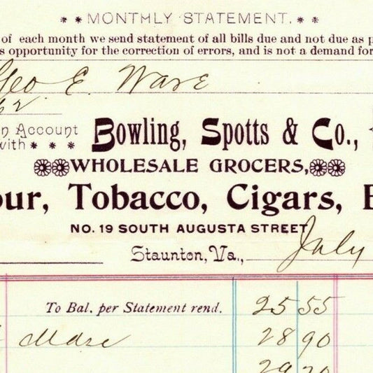 1893 Scarce Bowling, Spotts & Co Whsl. Grocers Billhead Letterhead Staunton, VA