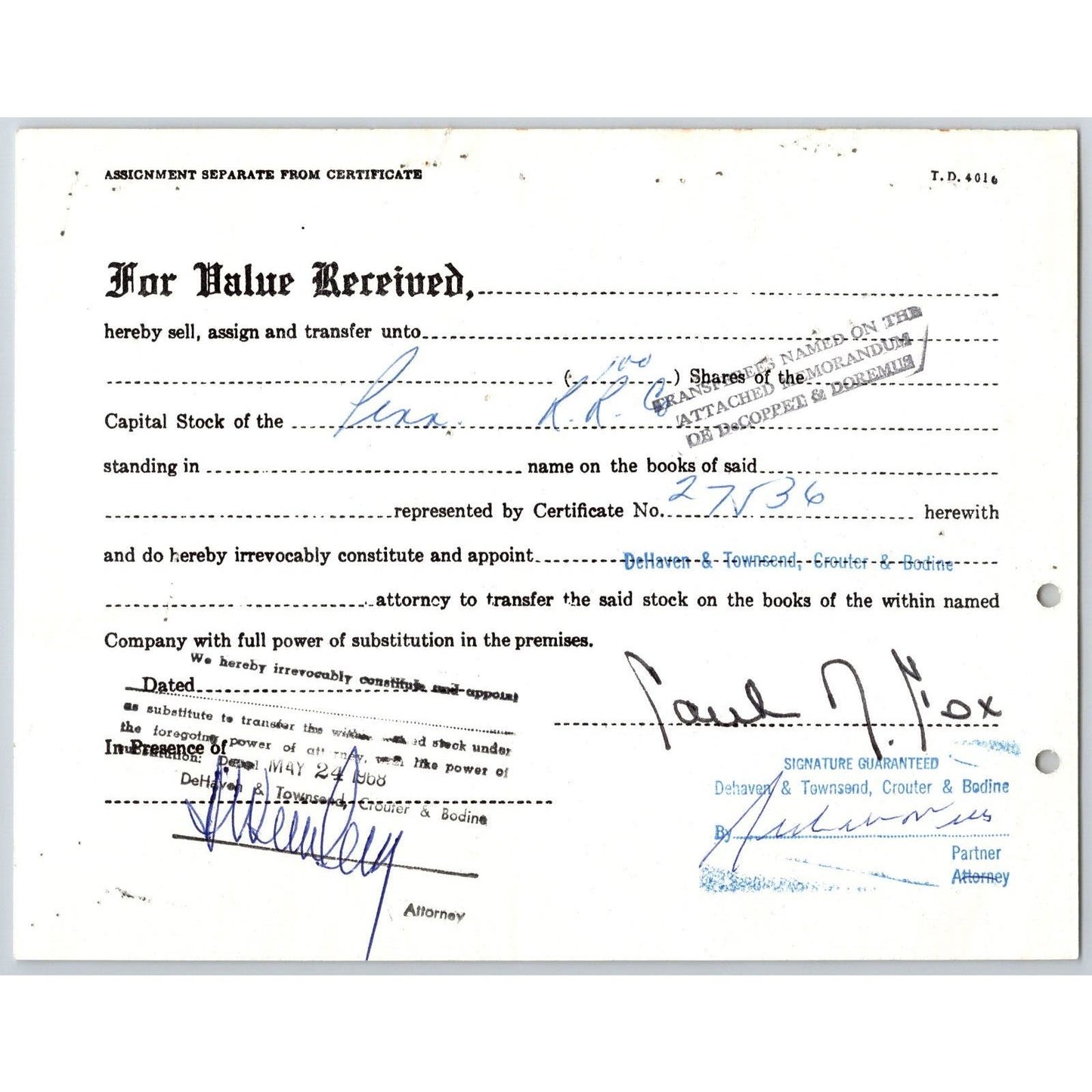 1968 Pennsylvania Railroad Stock Transfer Document - Dehaven Townsend Crouter