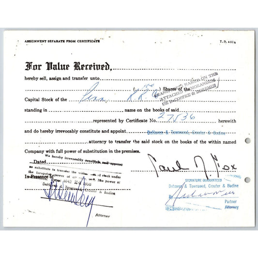 1968 Pennsylvania Railroad Stock Transfer Document - Dehaven Townsend Crouter