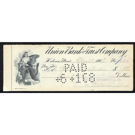 Helena Montana Union Bank and Trust Co 1908 Check w/ Woman Sword Vignette