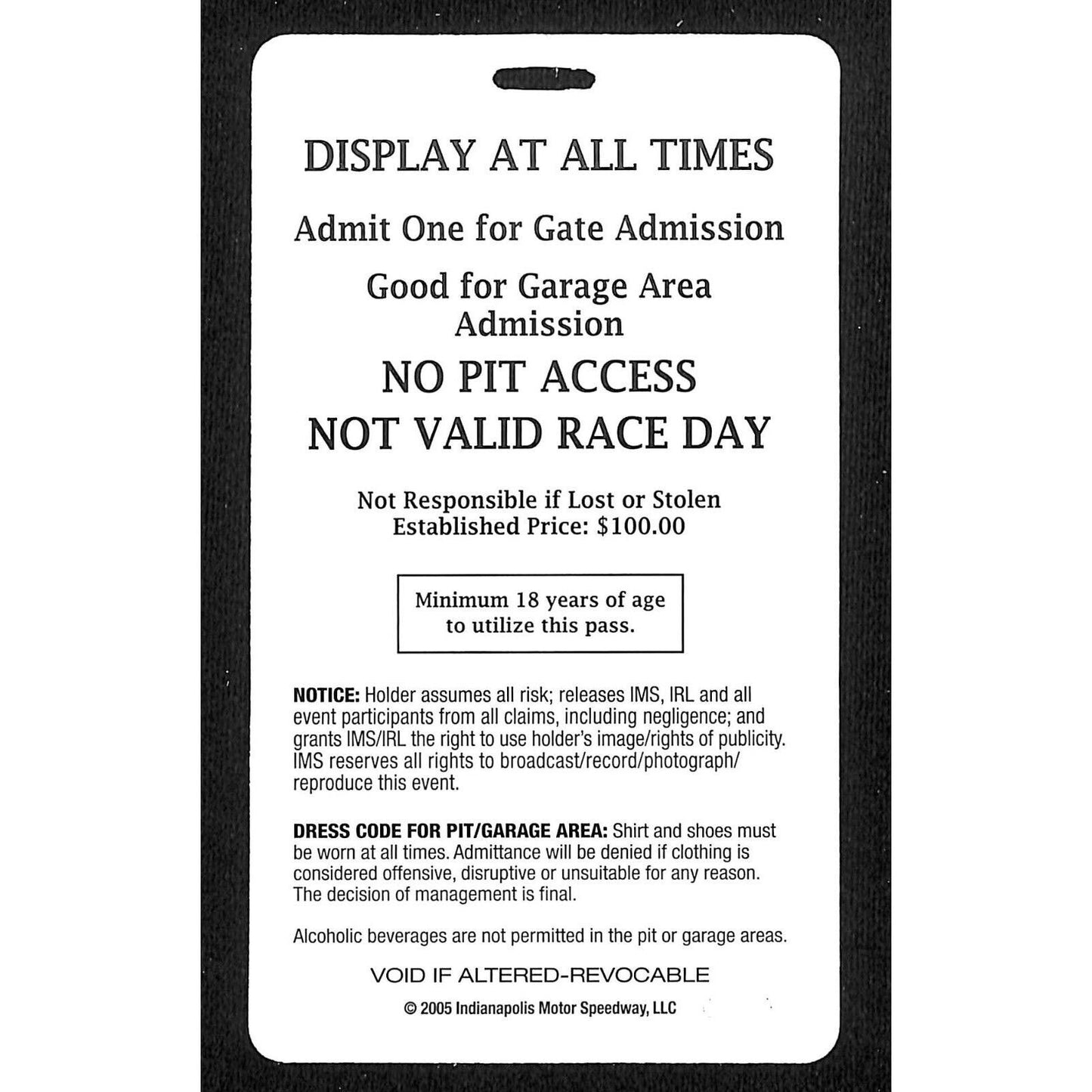 2005 Indy 500 Garage Access Ticket Pass Indianapolis IMS #4055 VGC