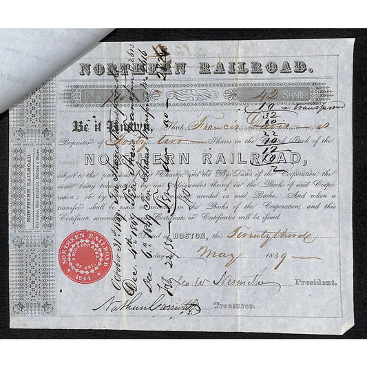 1849 Northern Railroad Stock Certificate & Affixed 1850 Power of Attorney Letter