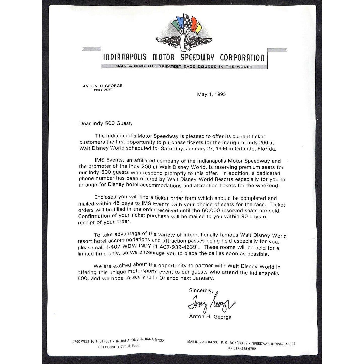 1995 Indianapolis Motor Speedway Corporation Letterhead RE: Disney Indy 200 500