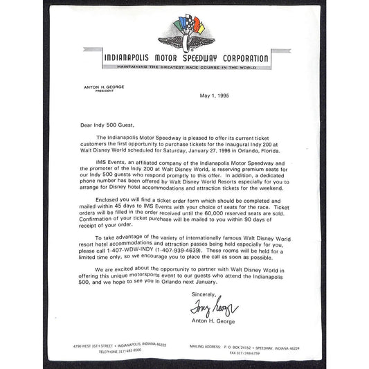 1995 Indianapolis Motor Speedway Corporation Letterhead RE: Disney Indy 200 500