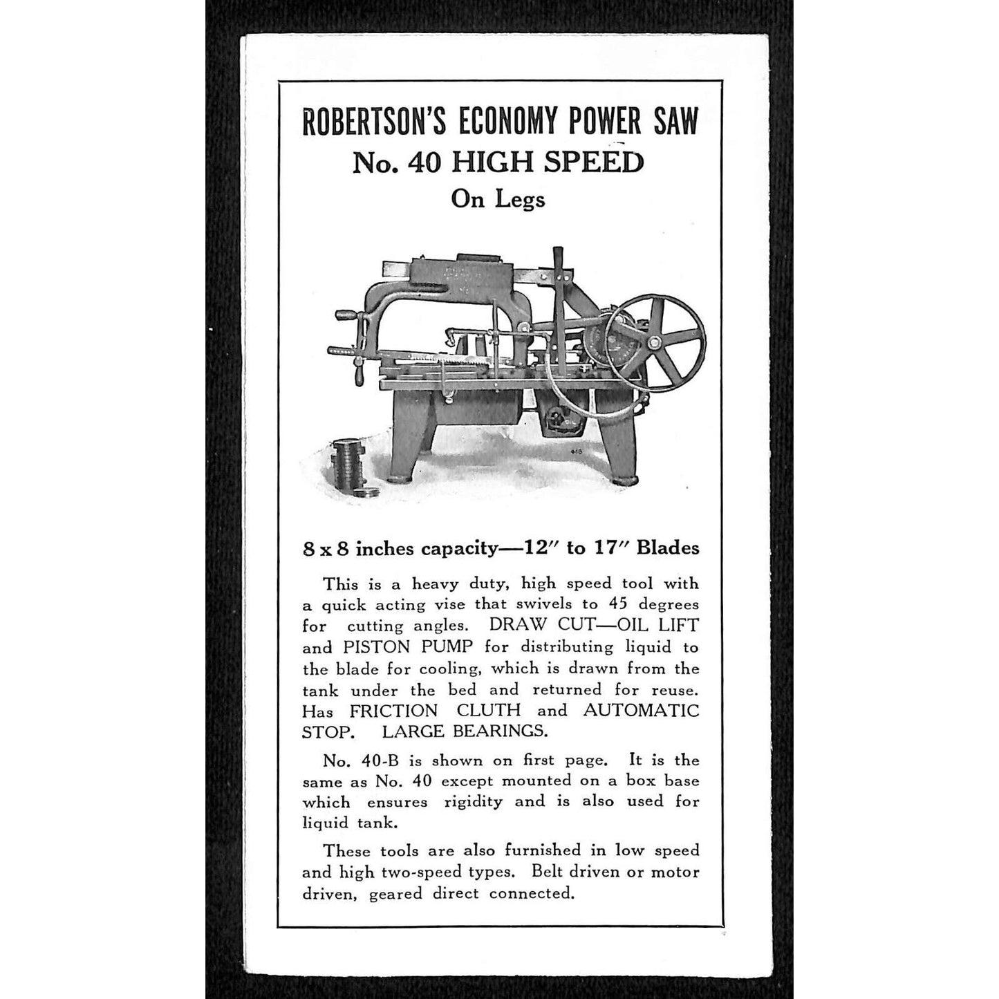 Robertson's High Speed Hack Saws Catalog Sheet Swift Machinery NYC c1920's VGC