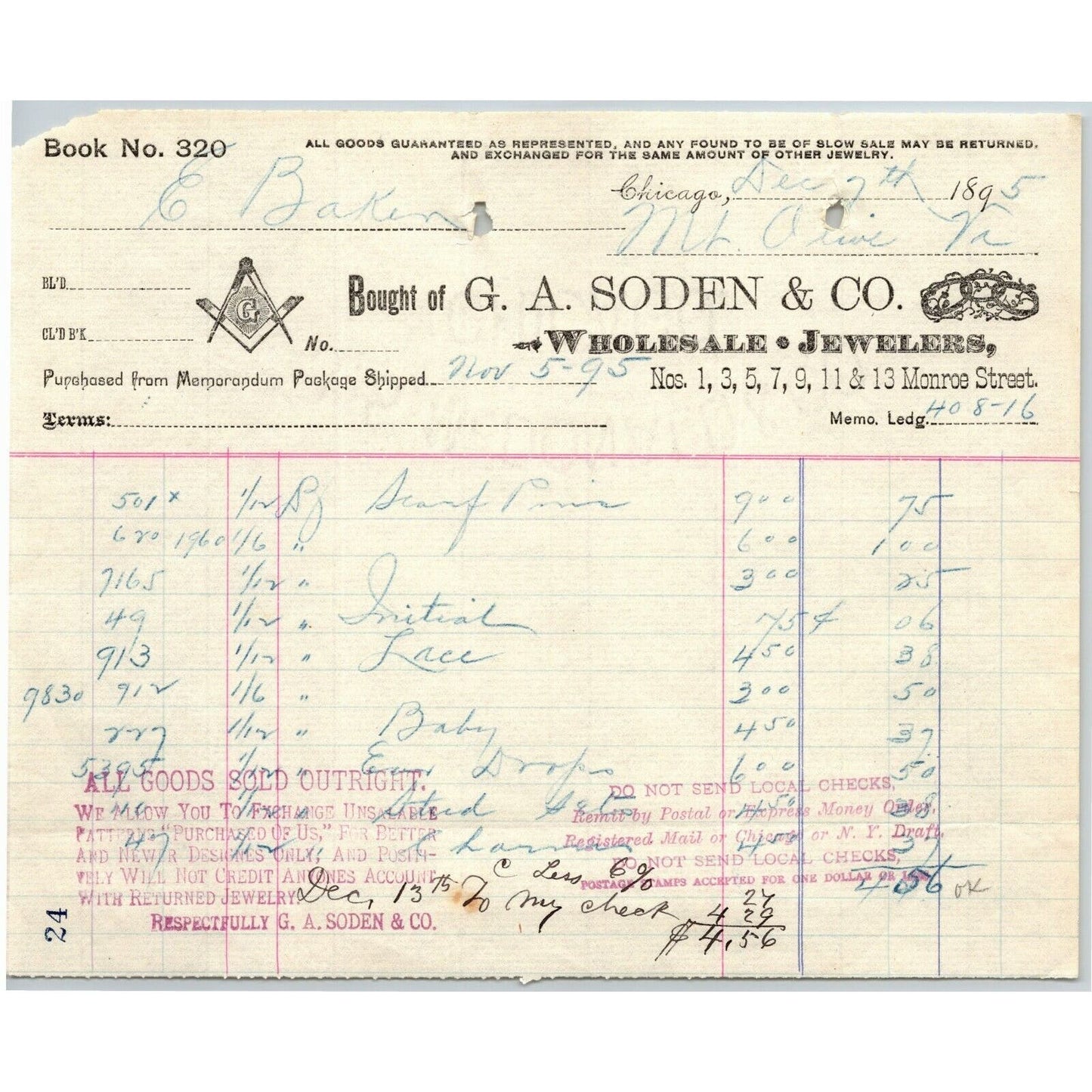 1895 Letterhead G.A. Soden & Co. Jewelers Freemason Chicago - Ephraim Baker*
