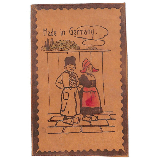 Funny Leather Postcard "Made In Germany" Happy Couple Standing in Wooden Shoes?