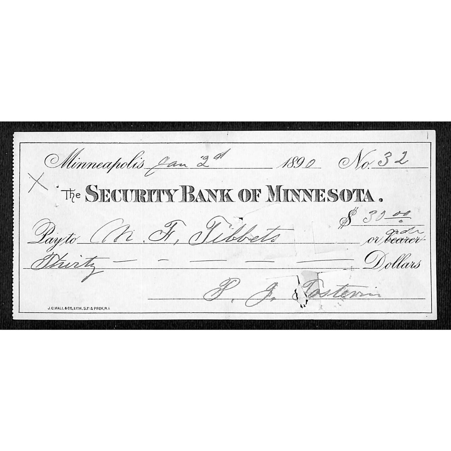 Minneapolis "Security Bank of Minnesota" $30 Bank Check 1890 - Scarce