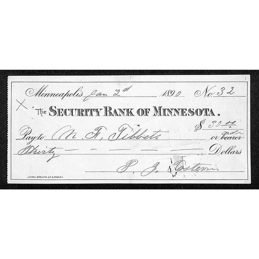 Minneapolis "Security Bank of Minnesota" $30 Bank Check 1890 - Scarce