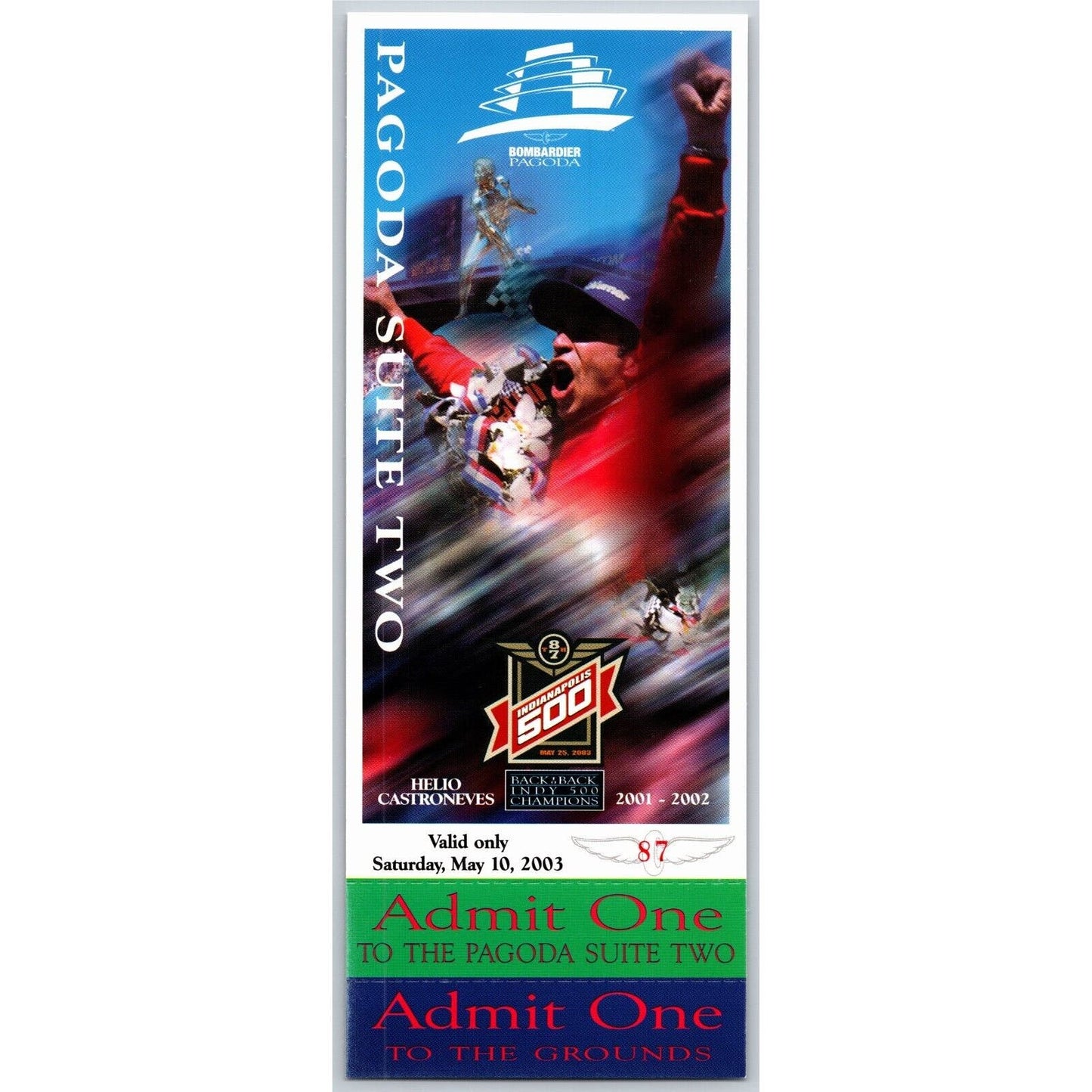 2003 Indy 500 Saturday 5/10 Pagoda Suite Two Unused Ticket IMS #87