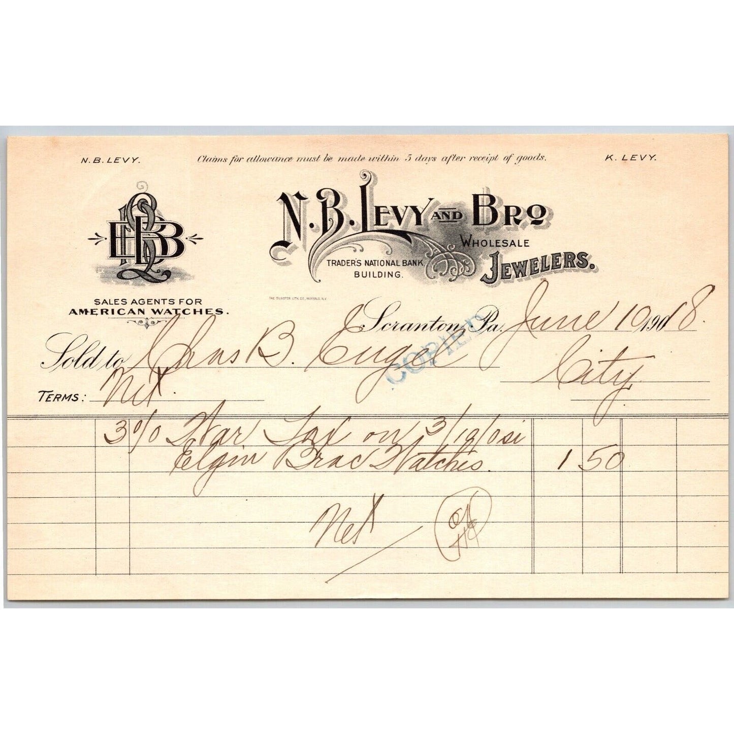 Scranton, PA N.B. Levy and Bro. Jewelers 1908 "C.B. Engel" Billhead "for Elgin"