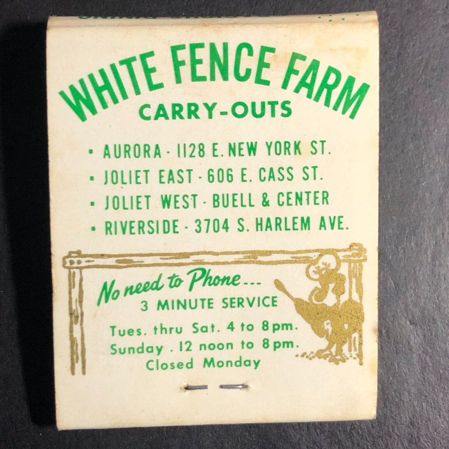 White Fence Farm Restaurant Lemont, IL Half Full Matchbook c1968-73