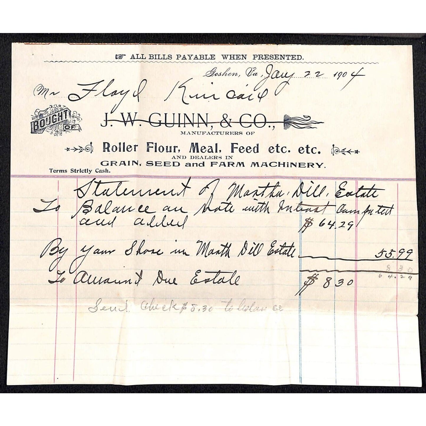 Goshen, VA J.W. Guinn & Co. Roller Flour Meal Grain Feed 1904 Billhead
