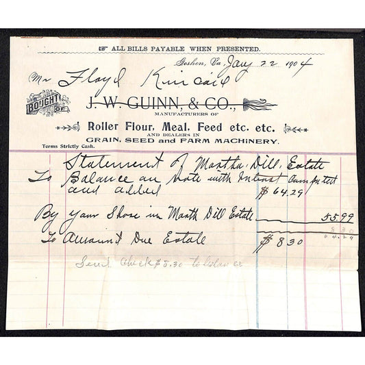 Goshen, VA J.W. Guinn & Co. Roller Flour Meal Grain Feed 1904 Billhead