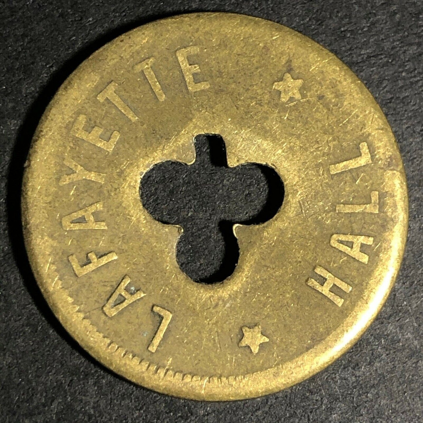 24.5mm Brass Lafayette Hall (Saloon Sacramento, CA) Token Clover Shamrock (#40)