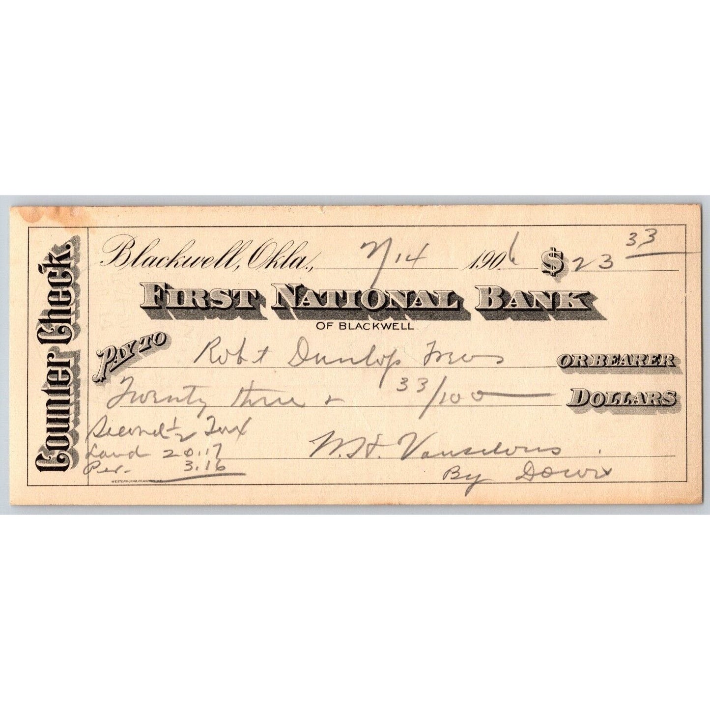 Blackwell, OK 1906 Territorial First National Bank Check - Scarce