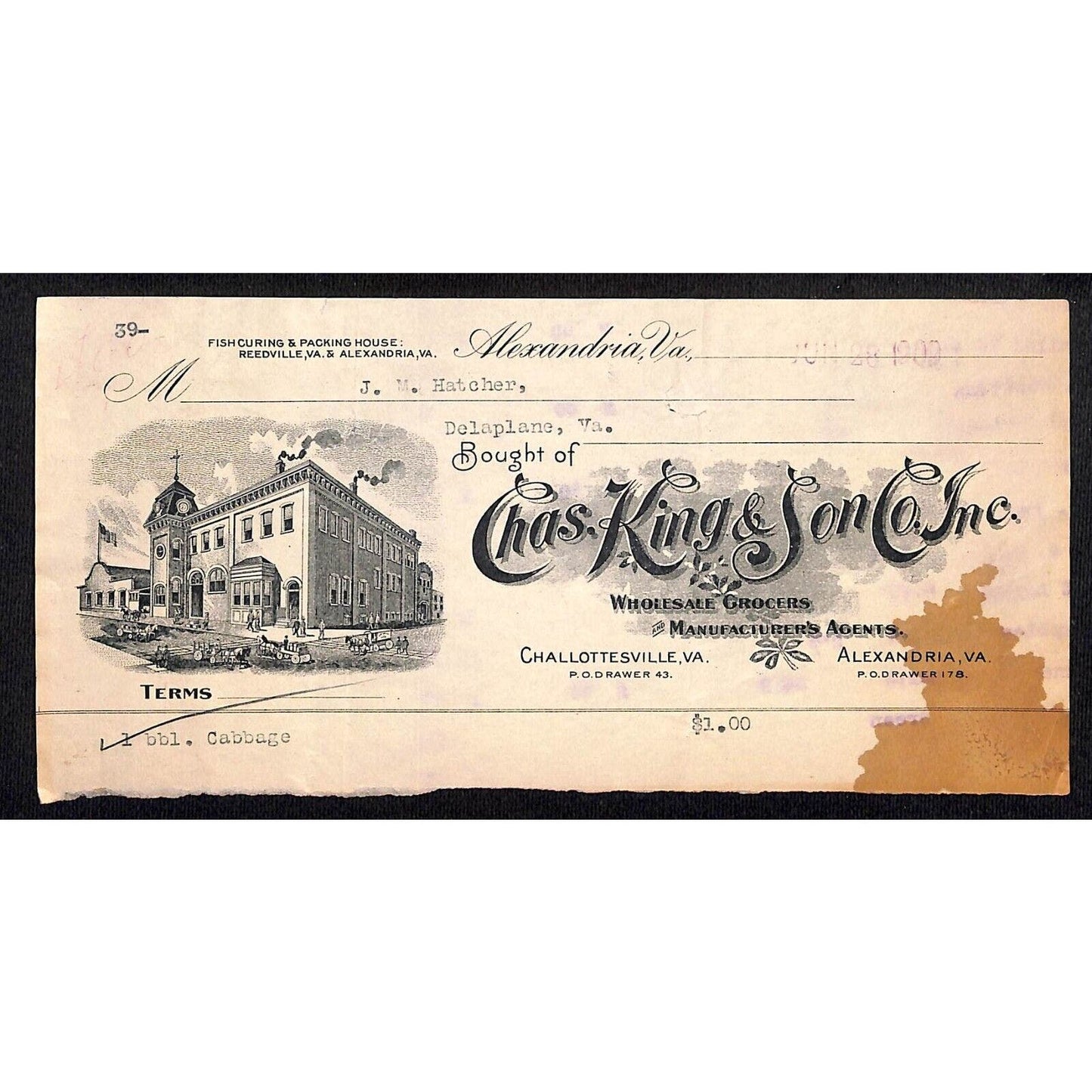 Alexandria, VA Chas. King & Son Co. Grocers 1909 Billhead w/ Vignette