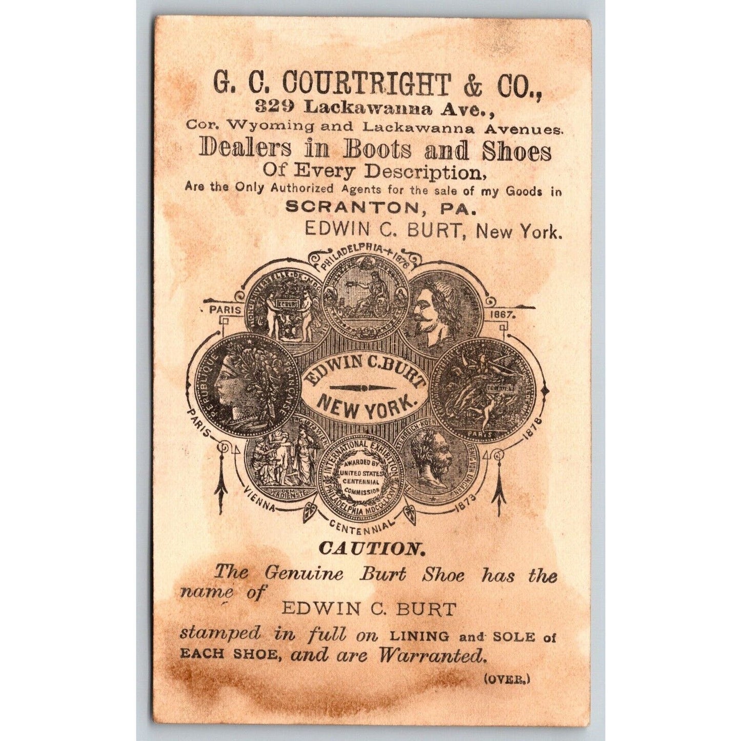 Scranton G.C. Courtright Boots Shoes Victorian Trade Card - Cupid Measures Shoe