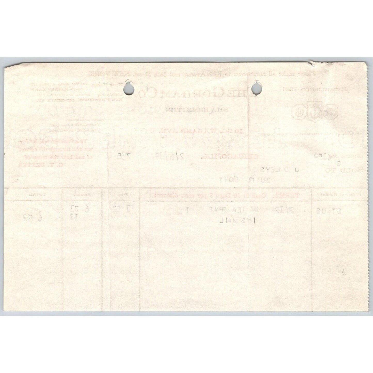 Gorham Silversmiths Chicago "Leys" Jewelers Butte, MT 1919 $6.82 Billhead