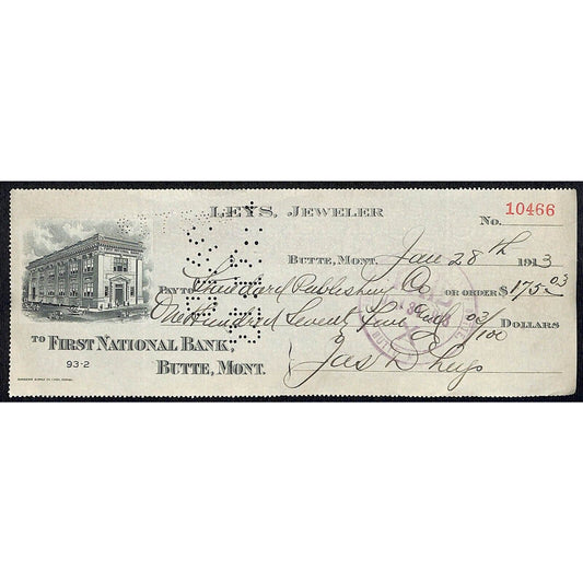 Butte Montana 1913 Leys Jeweler Bank Check w/ Building Vignette
