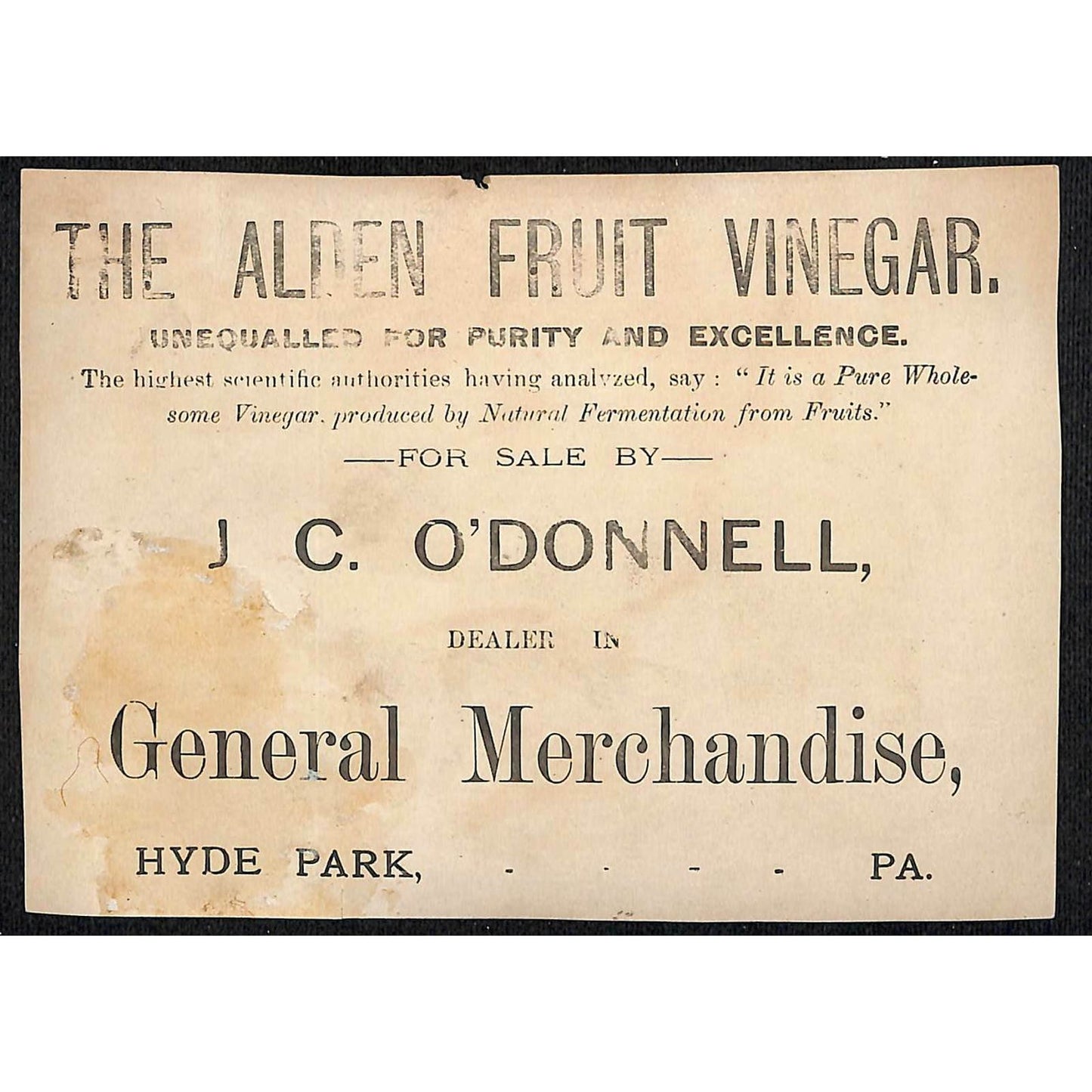 1880-90's Victorian Trade Card - J.C. O'Donnell General Merchandise Hyde Park PA